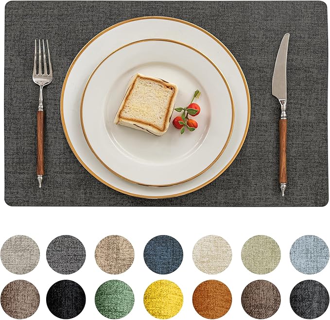 Romanstile Vinyl Placemats Set of 6-12 X 17 Inch - Faux Leather 100% Waterproof Oil-Proof Wipeable Place Mats, Heat Resistant Reversible PU Table Mats for Kitchen Dining Party Outdoor, Charcoal