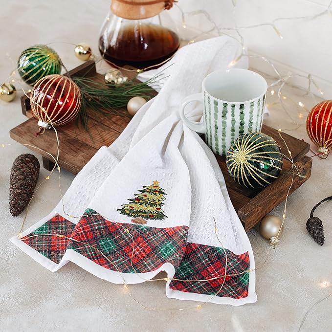 Lavien Home Christmas Kitchen Towels Embroidered, Cotton Dishcloths Decoration for Xmas with Plaid (Set of 4), Waffle Weave Cute Tree, Santa, Bell, Deer, 16 x 23 inches