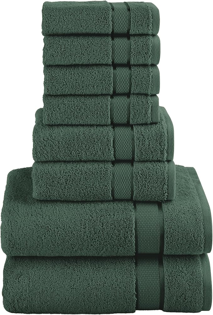 Elegant Comfort Premium Cotton 8-Piece Towel Set, Includes 4 Washcloths, 2 Hand Towels and 2 Bath Towels, 100% Turkish Cotton - Highly Absorbent and Super Soft Towels for Bathroom, Hunter Green