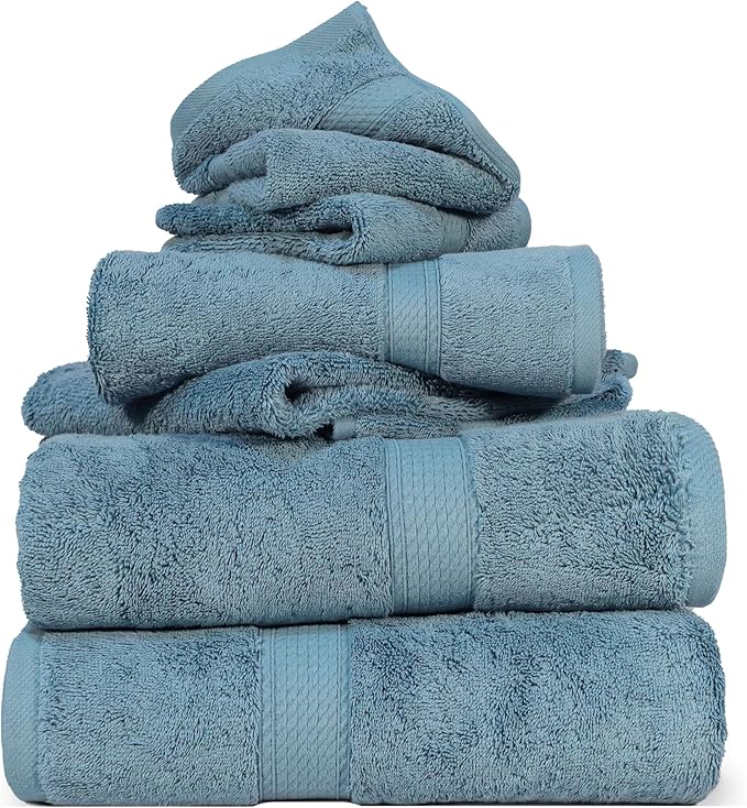 SUPERIOR Solid Egyptian Cotton Towel Set, Washcloths 13” x 13”, Hand Towels 20” x 30”, Bath Towels 30” x 55”, Denim Blue, 6-Pieces