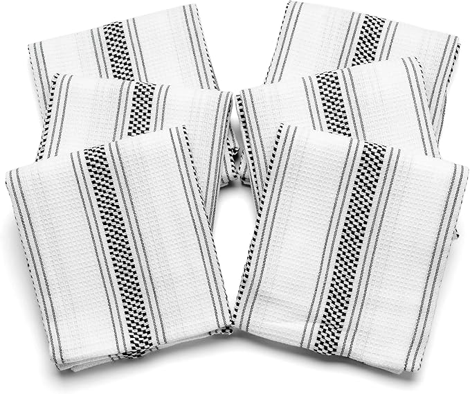 Black Kitchen Towels Set of 6, 100% Cotton Dish Towels, Striped Hand Towel, French Dish Cloths for Washing Dishes, Farmhouse Tea Towels, Absorbent Dish Towel with Hanging Loop, 18 x 28 [Black/White]