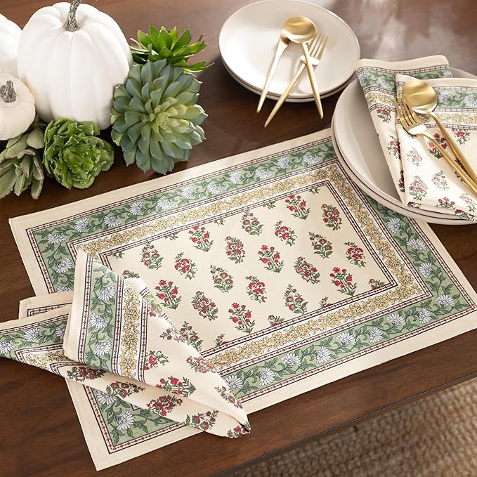 Elrene Home Fashions Nomad Harvest Block Print Fall/Thanksgiving Cloth Dining Rectangle Placemats, 13"x19", Set of 4