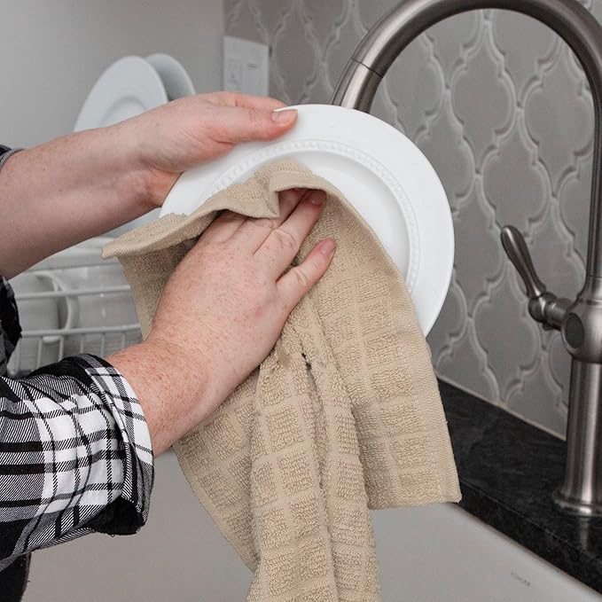 Ritz Premium Kitchen Towel and Dish Cloth Value Set: Highly Absorbent, Super Soft, Long-Lasting, 100% Cotton Checked and Solid Hand Towels, Tea Towels, Bar Towels - 6 Pack, Putty