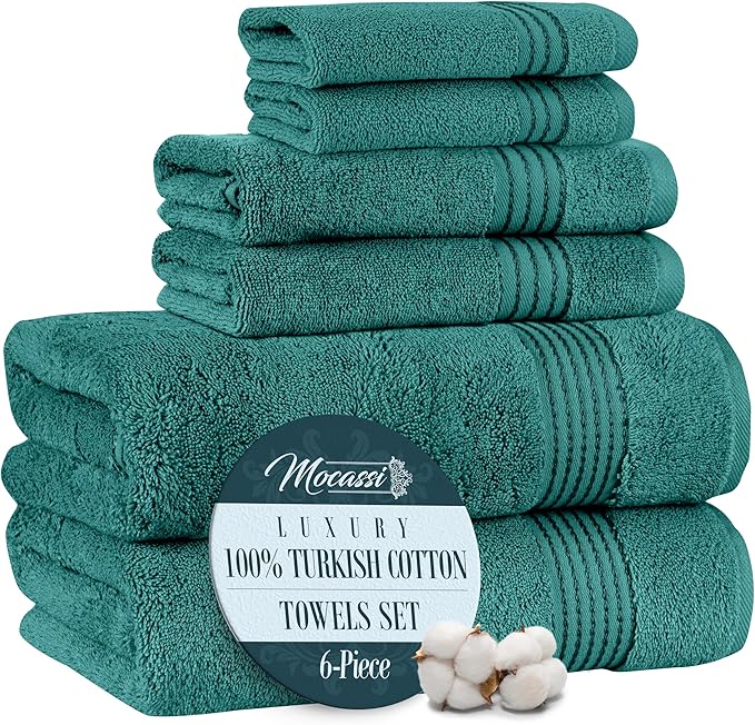 Mocassi Luxury 100% Turkish Cotton 6-Piece Towel Set - Ultra Soft, Quick Dry Highly Absorbent Premium Spa Hotel Quality Bath Towels, Includes 2 Bath Towels, 2 Hand Towels and 2 Washcloths, Turquoise