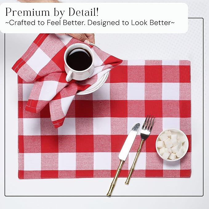 Buffalo Plaid Cloth Napkins, Set of 4, Soft, Absorbent, Durable, Reusable Fabric Napkins, Check Napkins for Dinner, Wedding, Restaurant, Buffet, Party, Christmas - Red White (16"x16")