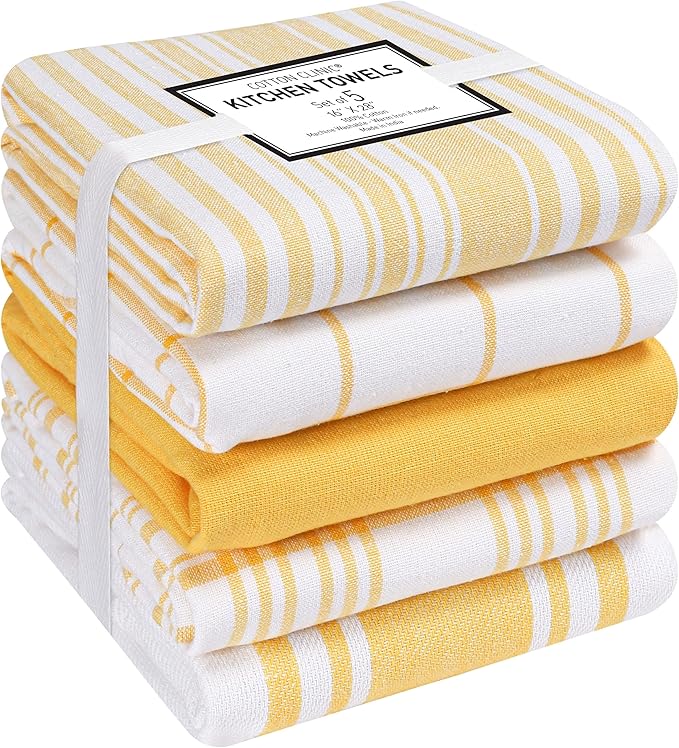 Cotton Clinic Assorted Kitchen Towels 5 Pack – Soft Absorbent Quick Drying Table & Kitchen Linen - Dish Towels, Dish Cloths, Tea Towel and Cleaning Towel with Hanging Loop – 16x28 / Yellow White