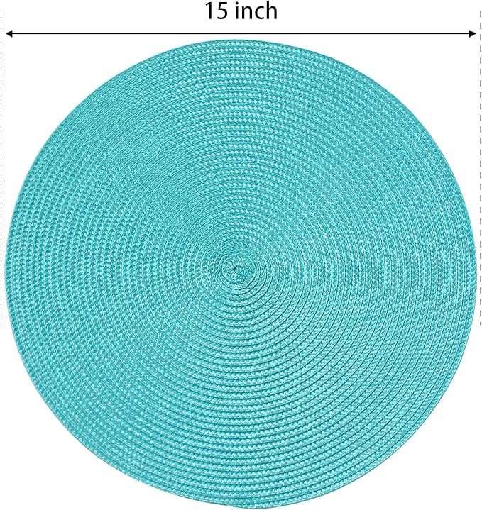 FunWheat Round Braided Placemats Set of 4 Table Mats for Dining Tables Woven Washable Non-Slip Place mats 15inch (Turquoise, 4pcs)