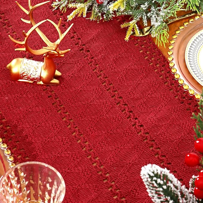 Alynsehom Macrame Table Runner Christmas Red Boho Table Runners with Tassels Hand Woven Cotton Table Runner Rustic Farmhouse Table Runners for Xmas Kitchen Dining Table(12x95in)