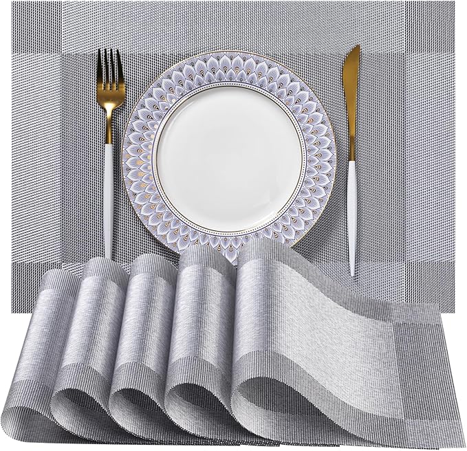 LEXMORE Placemats Set of 4 Vinyl/Plastic Woven Place Mats for Kitchen Table Indoor/Outdoor Washable Placemat Wipeable Dining Table Mats(Silver Cube)