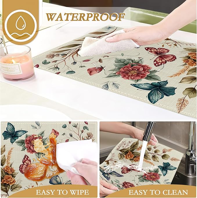 Butterfly Floral Vintage Placemats Set of 6, 12x18 Inch Waterproof Stain Resistant Linen Table Placemats Summer Seasonal Farmhouse Kitchen Party Decor Home Decor
