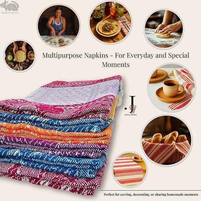 Jacq & Jürgen – Set of 6 Multicolor Cotton Cloth Napkins – 22"x18" – Dinner Table Linens or Tortilla Warmer Cloths - 100% Cotton - Premium materials (6MexicanKitchenMulticolor)