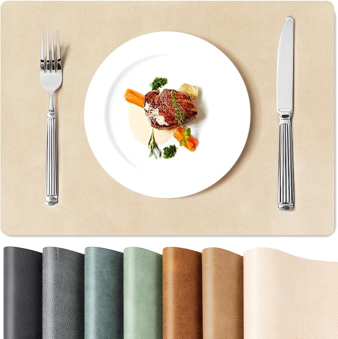 Roxifina Faux Leather Placemats Set of 4 - Vinyl Placemats Wipeable Waterproof Oil-Proof PU Place Mats Heat Resistant Reversible Table Mats for Dining, Kitchen, Outdoor, 12 x 17 Inch (Beige)