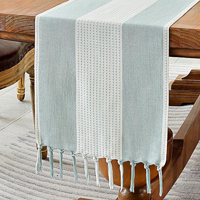 Wracra Linen Table Runner, Farmhouse Macrame Table Runners 90 Inches Long for Dining Table Decor, Wedding, Party and Dresser Decor (Aqua Blue,90")