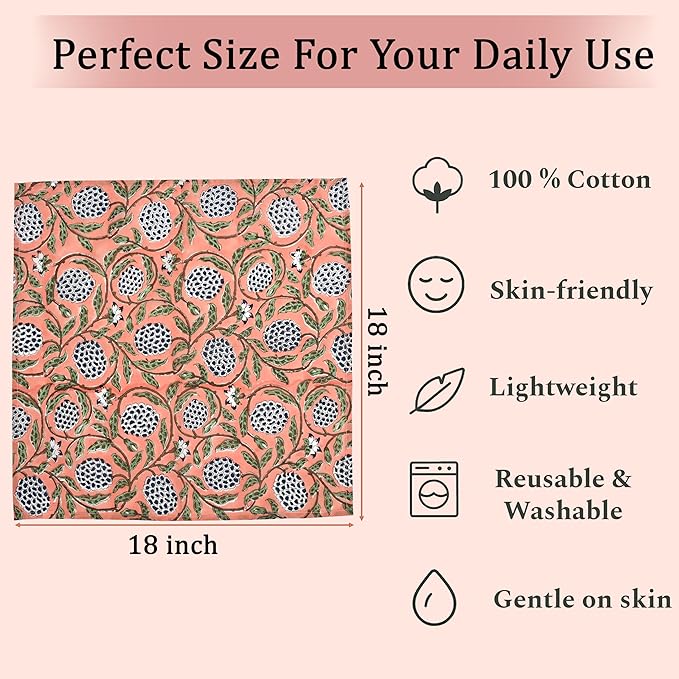 Ridhi Dark Salmon Hand Block Print 100% Cotton Napkins 18" x 18" (Set of 4) Reuseable Kitchen Napkins Cloth Decor Dinner Party Wedding Cocktail Gift for Spring, Easter, Valentine