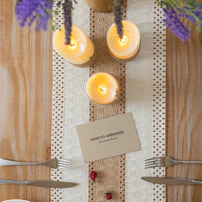 Keketoarrange Boho Table Runner Cream Beige Brown for Home Decor 12x48 Inches Farmhouse Small Macrame Woven Burlap Rustic Coffee Table Runner Dresser Scarf Dining Kitchen Centerpiece Bohemian Decor