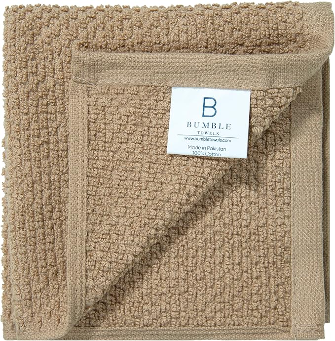 Bumble Premium Dish Cloths Towel 12"x12" | 100% Natural Ring Spun Cotton Tea Towel Set | 430 GSM | Highly Absorbent & Soft Dish Towels | 8 Pack - 4 Popcorn Striped & 4 Solid Kitchen Towels - Tan