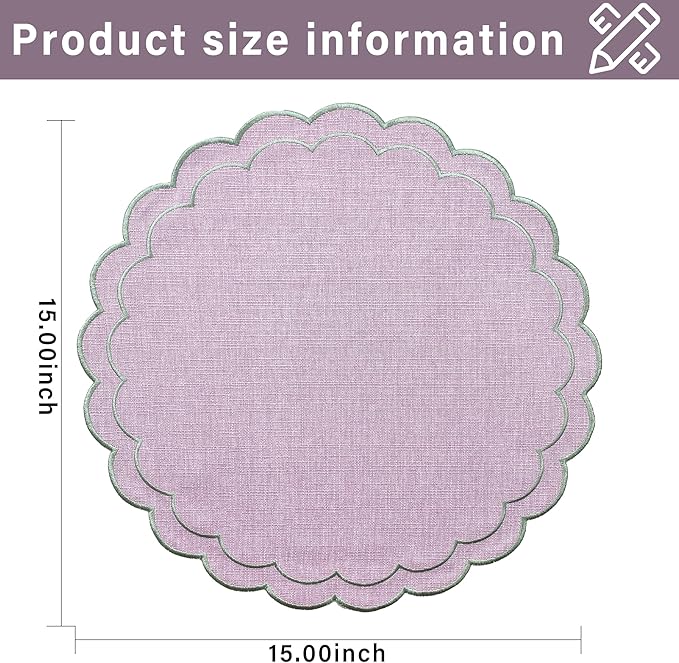 Linen Cotton Placemats Set of 4 Scalloped Flower Embroidery Place Mats 15'' Natural Linen Texture Fabric Machine Washable Table Mats for Restaurant Kitchen,Table Decor(Lilac)