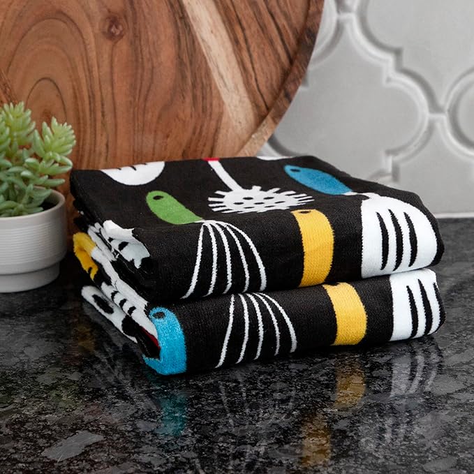 T-Fal Fiber Reactive Print Kitchen Towels: Highly Absorbent, Super Soft - 100% Cotton, 16"x28" Dish Towels for Cleaning & Drying Dishes, Pans, Glassware, or Countertops, 2-Pack, Utensiles