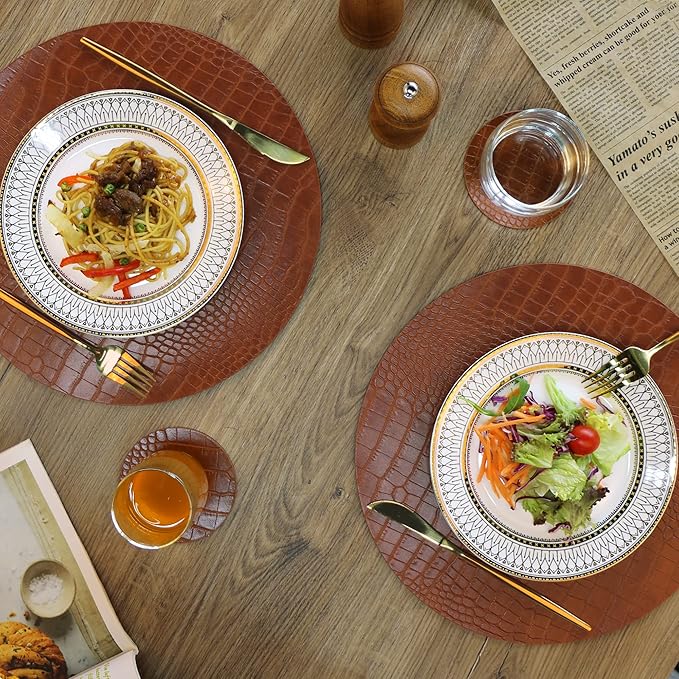 Round Leather Placemats for Round Tables Set of 6, Brown Table Place Mats and Coasters, Washable Easy to Care for Indoor Decor 13" Diameter