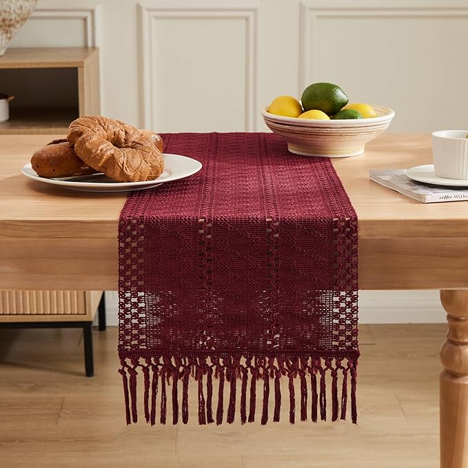 ZeeMart Macrame Style Boho Table Runner, Burgundy Red Table Runners 108 Inches Long, Farmhouse Woven Home Decor, 12x108 Inch, Burgundy