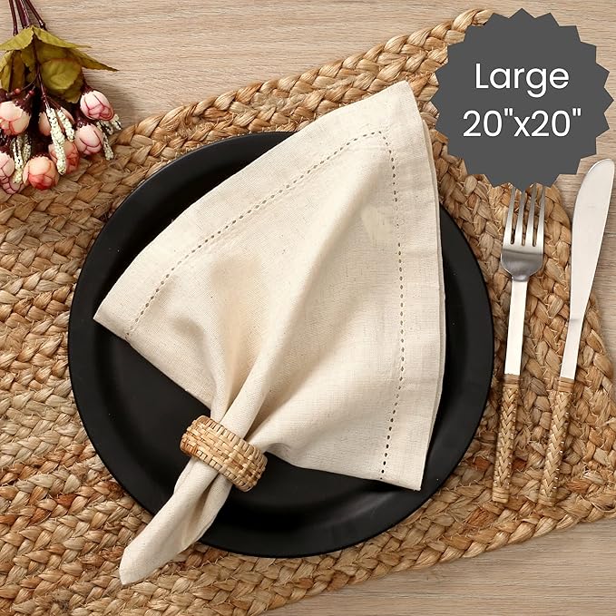 Cotton Clinic 12 Pack Hemstitch Cloth Dinner Napkins Oversized 20x20, Linen Cotton Fabric Tailored with Mitered Corner - Cocktail Napkins, Wedding Dinner Napkins Natural