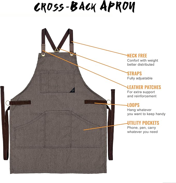 Under NY Sky Essential Beige Denim Apron – Cross-Back with Leather Reinforcement – Adjustable for Men and Women – Pro Chef, Tattoo Artist, Baker, Barista, Bartender, Server Aprons