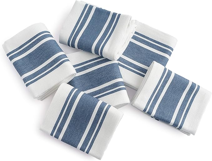 Kitchen Towels Set – Pack of 6 (20’’ x 30’’) Extra Large Premium Cotton Dish Towels for Kitchen – Super Striped Towels – Absorbent – 100% Cotton – with Hanging Loop – Blue