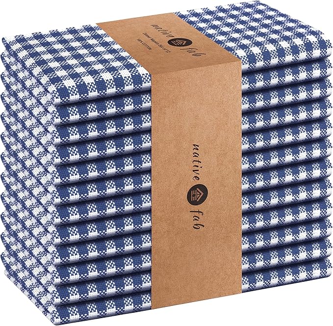 Native Fab Gingham Cloth Napkins 16x16 inches, 100% Cotton Dinner Napkins with Checks, Set of 12, Machine Washable Cloth Napkins, Soft Breathable Absorbent, Blue White