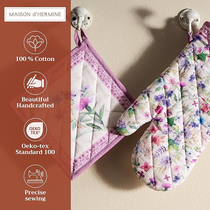 Maison d' Hermine 100% Cotton Oven Mitt & Pot Holder Set (7.5"x13" & 8"x8") Heat Resistant BBQ Cooking Gloves with Loop Baking Grilling Kitchen Gifts for Mothers Day Spring/Summer (Chardon)