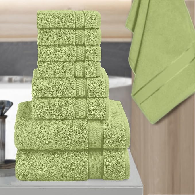 Elegant Comfort Premium Cotton 8-Piece Towel Set, Includes 4 Washcloths, 2 Hand Towels and 2 Bath Towels, 100% Turkish Cotton - Highly Absorbent and Super Soft Towels for Bathroom, Sage