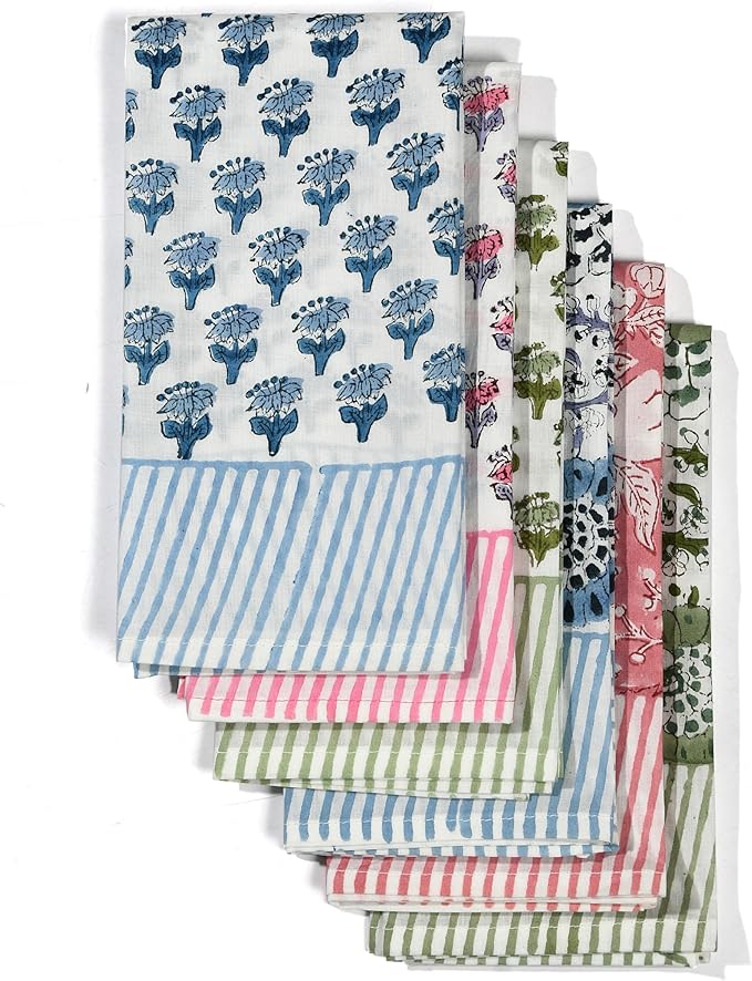 CPC Stripe Border Indian Block Print Cotton Cloth Napkins Set of 4, 18x18 Reusable Everyday Napkins, Soft, Absorbent, Floral Dinner Napkin, Holiday, Party Gift, Spring,Mother's Day