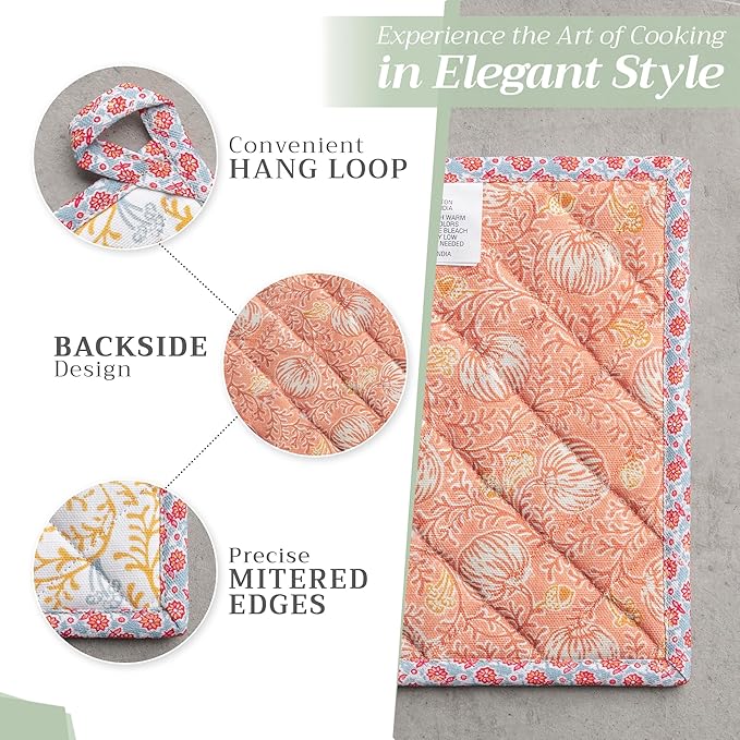 Maison d' Hermine Pot Holders Set 100% Cotton Heat Resistant Potholders 8" x 8" Hot Pads with Loop for Thanksgiving Christmas Decorations BBQ Baking Handling Hot Pans (Pack of 2, Harvest Festival)