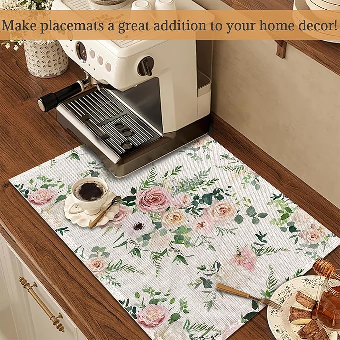 Placemats Set of 6, Watercolor Rose Flowers Linen Place Mats,Modern Washable Table Placemats 12"x18" Heat Resistant Table Mats for Dining Kitchen Party Holiday Decoration