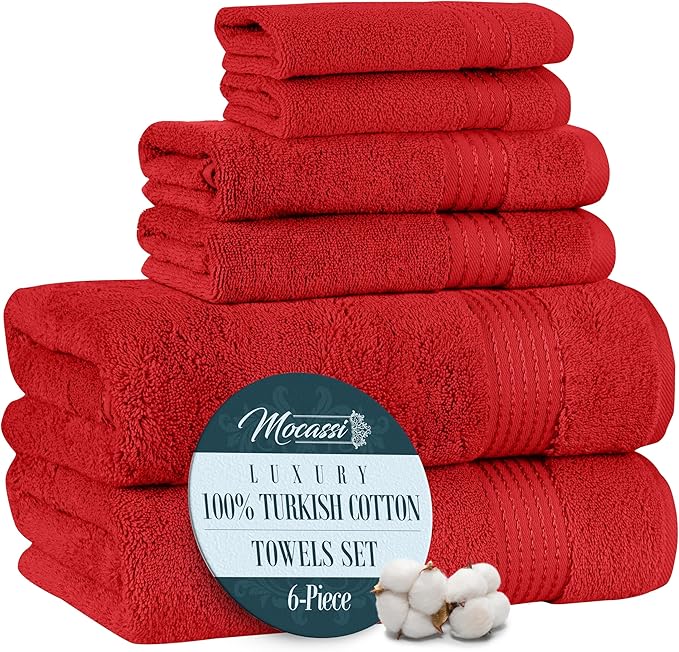Mocassi Luxury 100% Turkish Cotton 6-Piece Towel Set - Ultra Soft, Quick Dry Highly Absorbent Premium Spa Hotel Quality Bath Towels, Includes 2 Bath Towels, 2 Hand Towels and 2 Washcloths, Red