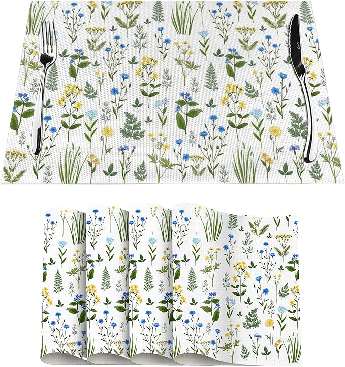 Wildflower Print Linen Placemats Set of 4, 12x18 InchWashable Table Mats for Dining Room Spring Gatherings