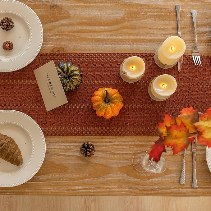 Keketoarrange Boho Rust Table Runner for Home Decor 12x72 Inches Farmhouse Macrame Burlap Jute Rustic Dining Kitchen Centerpiece Bohemian Decor French Country Baby Bridal Shower Decorations