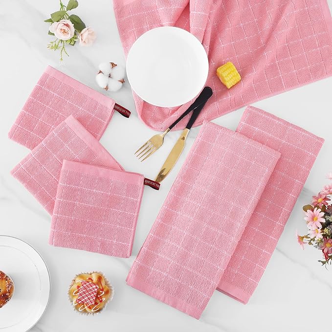 Homaxy Kitchen Towels and Dishcloths Set, 12 x 12 and 13 x 28 Inches, Set of 12 Bulk Cotton Terry Kitchen Towels Set, Checkered Designed, Soft and Super Absorbent Dish Towels, Pink