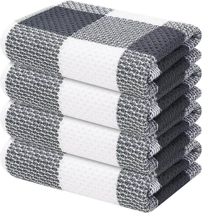 Mordimy 100% Cotton Waffle Weave Kitchen Towels, 13 x 28 Inches, Super Soft and Absorbent Buffalo Check Dish Towels for Drying Dishes, 4-Pack, White & Dark Grey