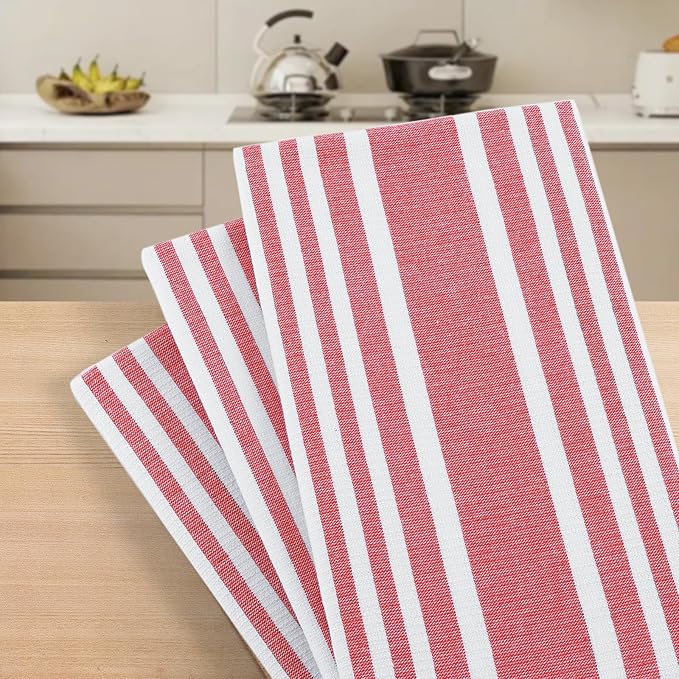 Homaxy Premium Kitchen Towels 18”x 28”, Large Cotton 380 GSM Kitchen Hand Towels, Stripe and Terry Dish Towel, Highly Absorbent Tea Towel Set with Hanging Loop, 6 Pack, Red