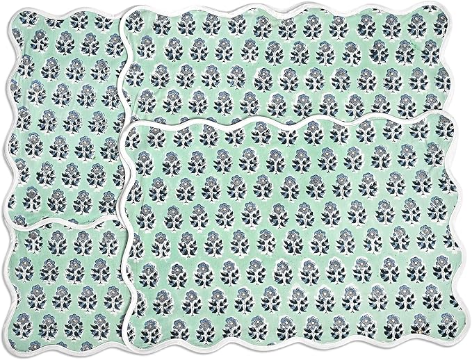CPC Cotton Placemats Poppy Blue Set of 4-Hand Block Printed Reversible Placemats, Flower Scalloped & Embroidered Cloth Table Mats - 14 x 20 inch Gift for Spring, Mother's Day