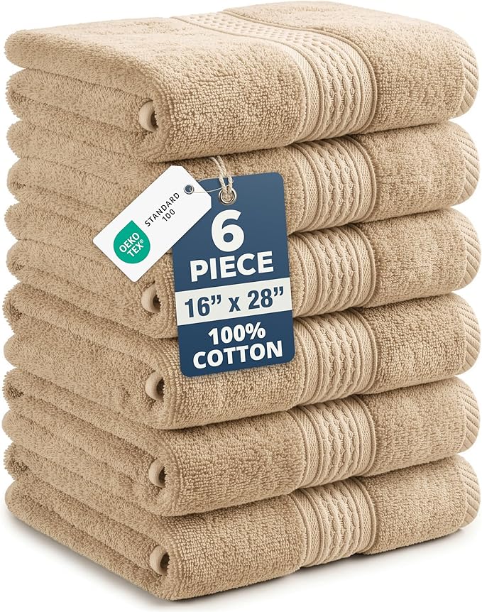 LANE LINEN Bathroom Hand Towels - 6 Pack (16" x 28"), 100% Ringspun Cotton Hand Towel Set - Soft, Lightweight, Fade & Shrink Resistant - Everyday Use, Face Towels for Bathroom, Gym and Travel - Taupe