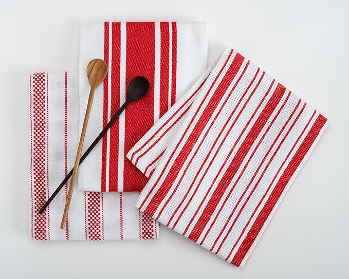 Kitchen Towels Set – Pack of 3 (20’’ x 30’’) Extra Large Premium Cotton Dish Towels for Kitchen – Absorbent – 100% Cotton – with Hanging Loop – Red Multi Design Striped