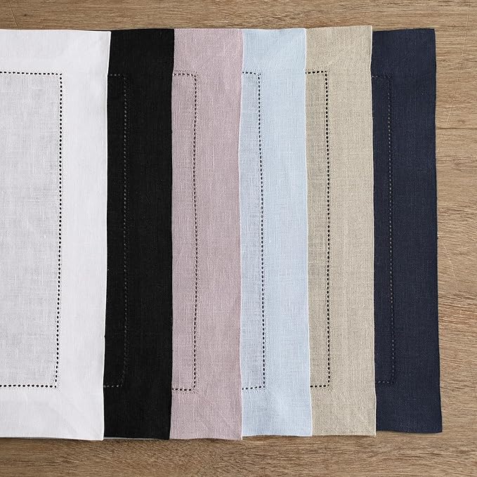 Solino Home Linen Placemats Set of 4 - Classic Hemstitch Black Placemats 14 x 19 Inch - 100% Pure Linen Table Mats for Spring, Summer, Mothers Day