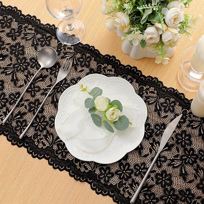 Black Lace Table Runner with Big Bow Ends 12 x 71 Inch Vintage Rectangle Macrame Embroidered Runner French Style Tablecloth for Wedding Kitchen Dining Table Home Decor