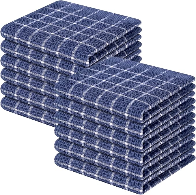 Homaxy 100% Cotton Dish Cloths, 12 Pack-12 X 12 Inches, Check Design Waffle Weave Dish Rags for Washing Dishes, Ultra Absorbent and Fast Drying Dishcloths, Navy Blue&White
