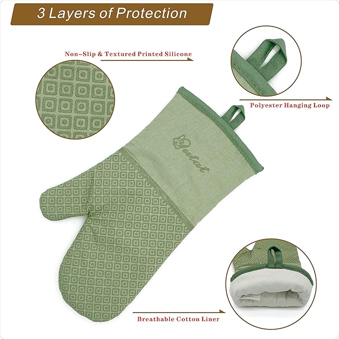 Yutat Silicone Oven Mitts - Oven Mitts and Pot Holders Sets Made of Non-Slip & BPA-Free Silicone, High Heat Resistant 500 Degrees, Perfect for Kitchen Cooking Baking BBQ, 4Pcs Set, Peak Green