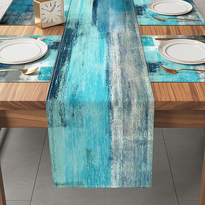 Teal and Gray Table Runner and Placemats Set of 6 Farmhouse Washable Linen Place Mats Rustic Abstract Art Table Decor for Kitchen Dining Coffee Outdoor Party(Teal and Gray, 13"x71"+12"x18")