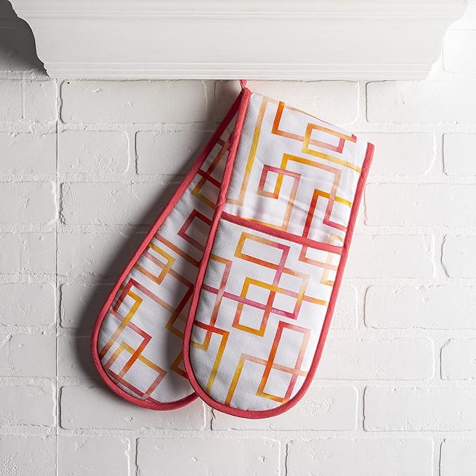 Maison d' Hermine Double Oven Mitts 100% Cotton 7"x35" Double Oven Mitt Heat Resistant BBQ Cooking Gloves with Loop Baking Grilling Gifts for Mothers Day Spring Summer (Summer Maze)