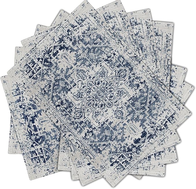 aportt Navy Blue Grey Ethnic Boho Placemats Set of 6 Bohemian Carpet Vintage Gray Linen Washable Kitchen Dining Table Mats Stain Heat-Resistant Desktop Decor Place Mats for Home Party Indoor 12x18 in