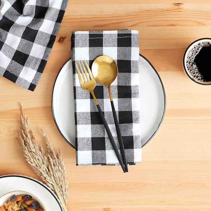 Cloth Napkins Set of 12, 100% Cotton Dinner Napkins 18x18 Inch, Soft Absorbent Gingham Check Napkin for Restaurant, Table Décor, Reusable Washable for Everyday Use - Black/White